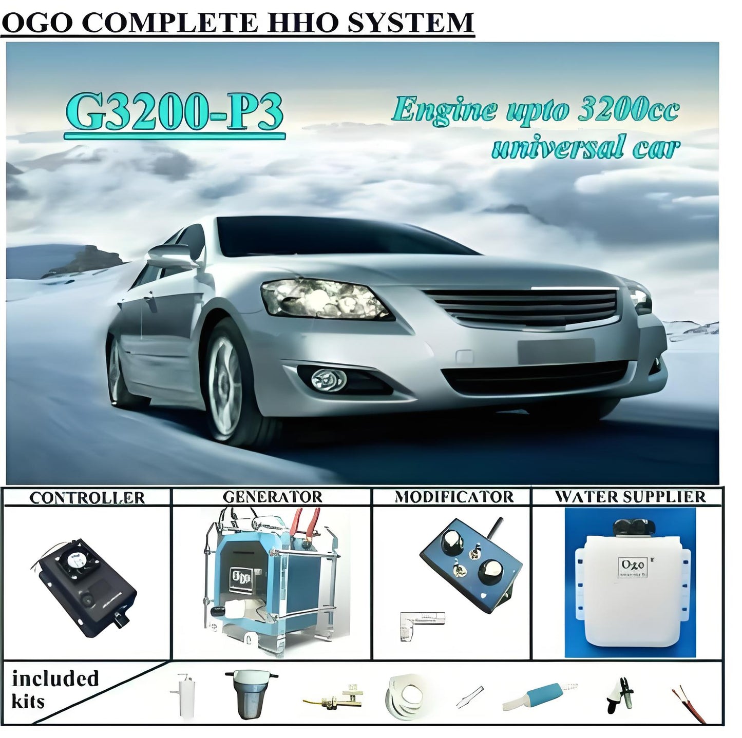 OGO Complete HHO system G3200-P3 Normal PWM Controller upto Engine 3200CC Universal Cars